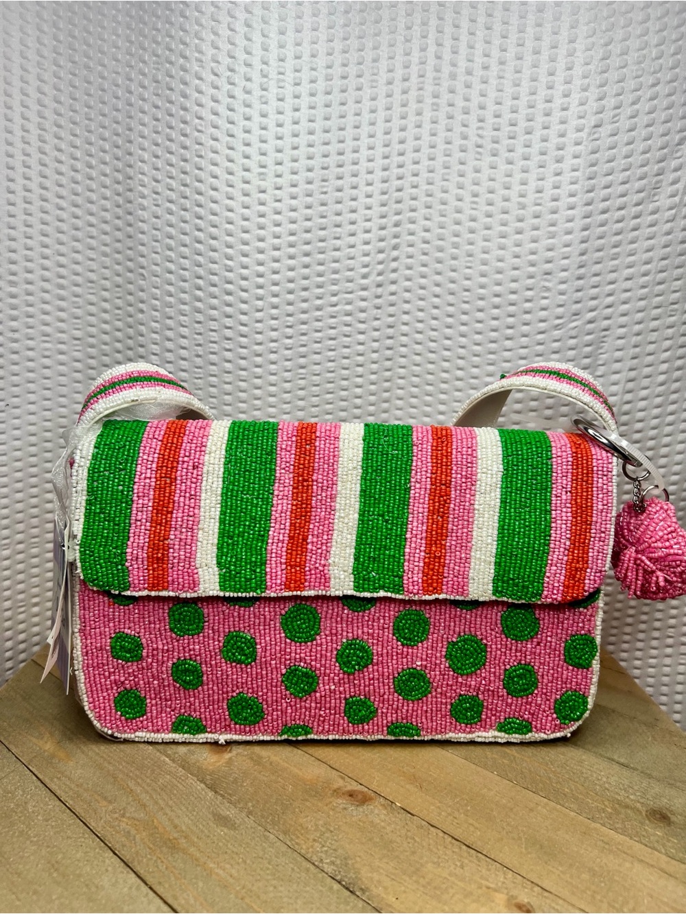 Viral Beaded Pink and Green Striped/Polka Dot Shoulder Bag!!